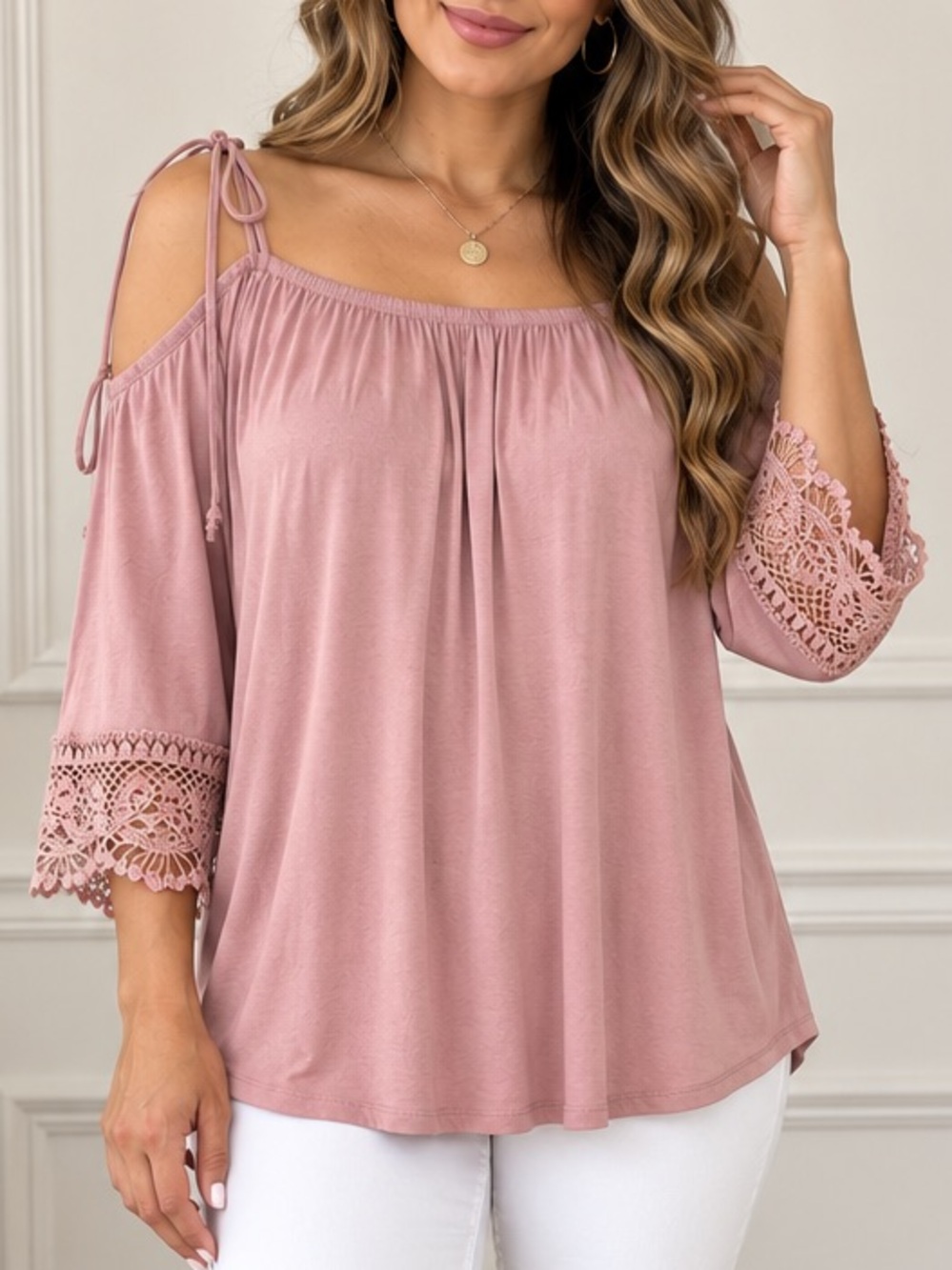 MELROSE AND MARKET MAUVE COLD SHOULDER LACE SLEEVE BLOUSE | SIZE MED.